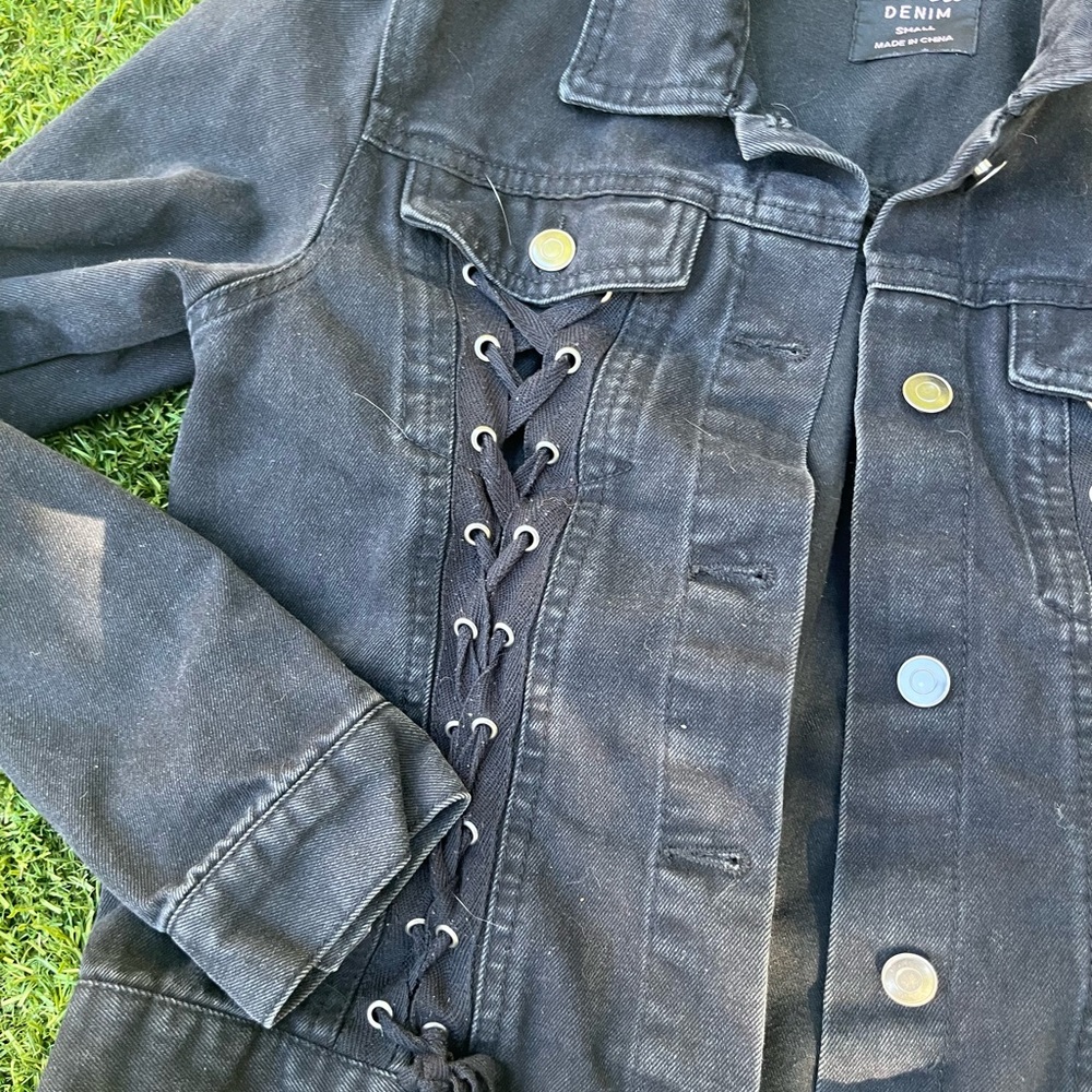 Black Denim Gromet Grunge Jean Jacket Love Tree - Picture 2 of 8